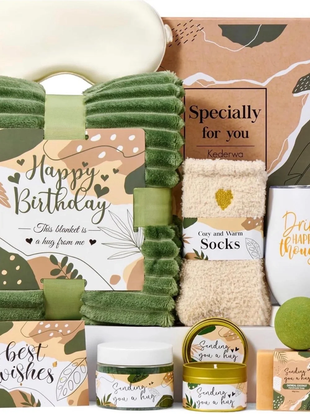 Cozy Gift Set - Green Plush Blanket & Cream Socks